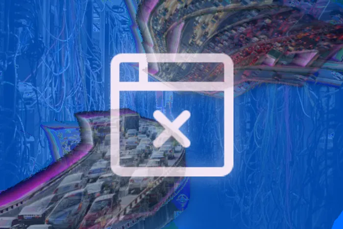 View of messy, cable ridden, datacenter. In front, two glitchy highways, stopped with car traffic. In front, a white glowing page not loading sign. Abstract lighter-blue lines and shapes float across the background.