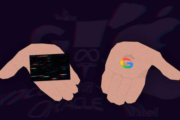 A dark background featuring two outstretched, stylized hands in a skin‐tone color. The left hand holds a rectangular “glitch” pattern of multicolored static against a black field. The right hand holds a small, circular Google “G” logo in full color. Faded behind and between the hands are barely visible logos and text—such as Google, the infinity symbol, Oracle, Intel, and other tech branding—rendered in muted reds and blues.