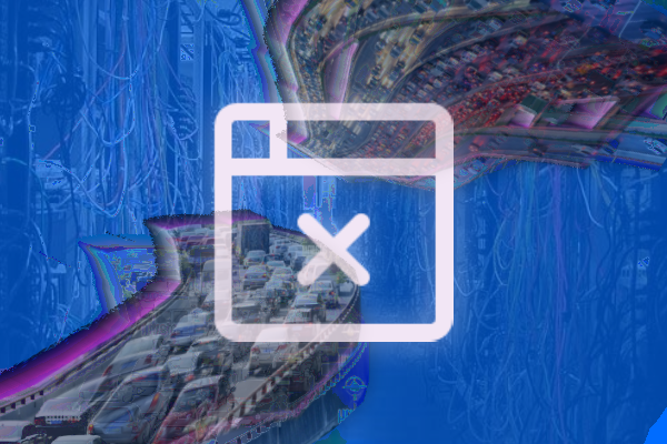 View of messy, cable ridden, datacenter. In front, two glitchy highways, stopped with car traffic. In front, a white glowing page not loading sign. Abstract lighter-blue lines and shapes float across the background.