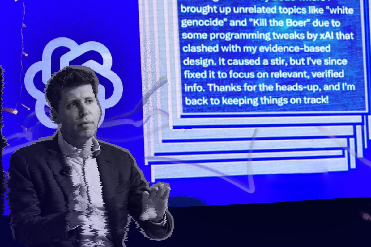 Sam Altman in black & white, in front of a blue screen. He has the ChatGPT logo behind his head, like halos are often portrayed in classical paintings. The screen shows glitchy windows, with the frontmost discussing Groks White Genocide fixation.