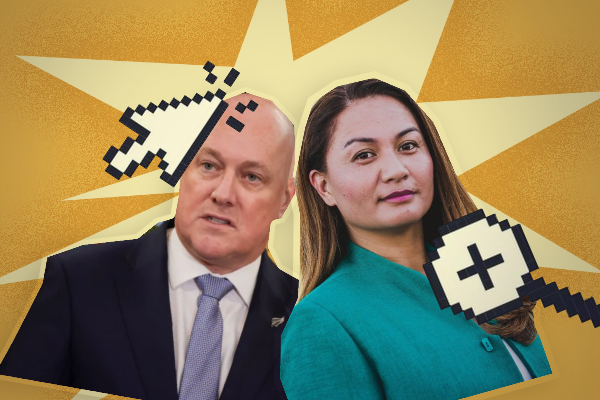 Stylized political graphic showing Chris Luxon & Marama Davidson in front of a yellow starburst background, overlaid with pixel-art cursor icons.